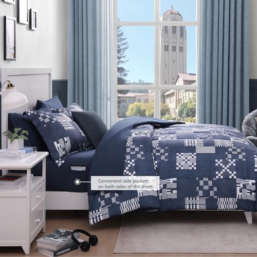 Plaid Queen Comforter Set Navy Blue 7 Pieces Bed in a Bag for Boys Teen