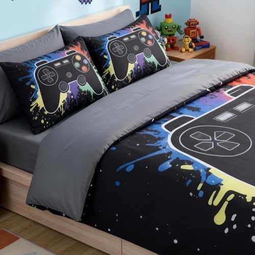 Twin Comforter Set for Boys -5 Pieces Black Gamer Bedding Twin Bedding Sets