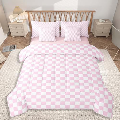 jejeloiu Pink and White Bedding Set 7Pcs Full Size Kids Plaid Checkered Comforter Set with Sheets for Boys Girls Classic Grid Buffalo Check Bed in a Bag Soft Lightweight,Microfiber