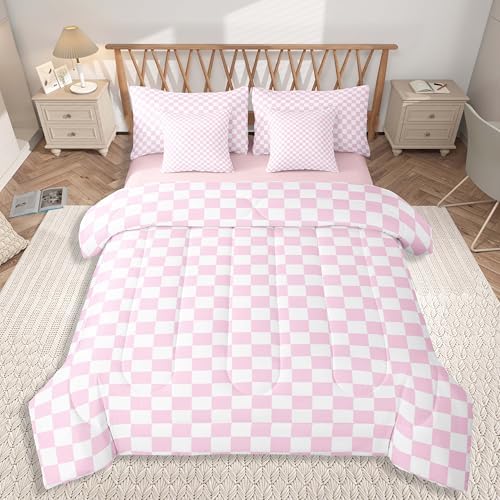 jejeloiu Pink and White Bedding Set 7Pcs King Size Kids Plaid Checkered Comforter Set with Sheets for Boys Girls Classic Grid Buffalo Check Bed in a Bag Soft Lightweight,Microfiber