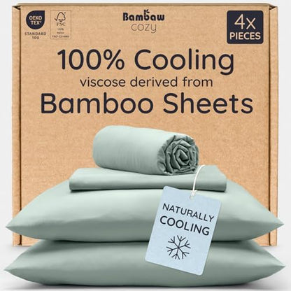 Bambaw King Sheets Set 4pcs – 100% Viscose Derived from Bamboo Sheets King Size Deep Pocket, Fits Up to 16'', Luxury Bedding, Super Soft & Cooling Sheet Set (Sea Glass)