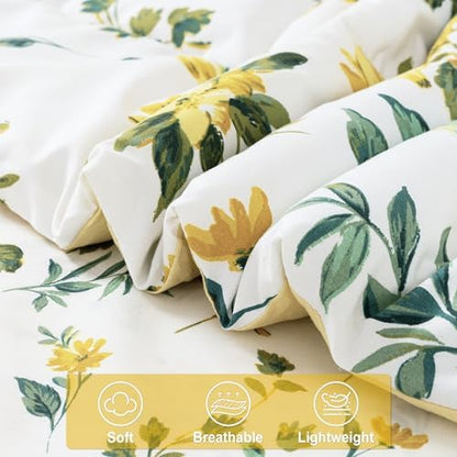 lasoftan Floral King Comforter Set with Sheets, 7 piece Luxury Vintage Bedding, Soft Microfiber Bed in a Bag, Cozy Lightweight Bed Set, Yellow Flower Green Leaves
