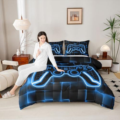 Feelyou Kids Gamer Comforter Set Full Size Blue Black Bedding Set Boys