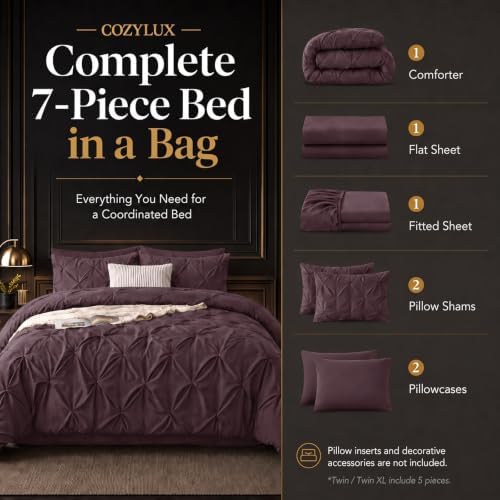 CozyLux Queen Comforter Set Cocoa Powder, 7 Pieces Pintuck Bed in a Bag
