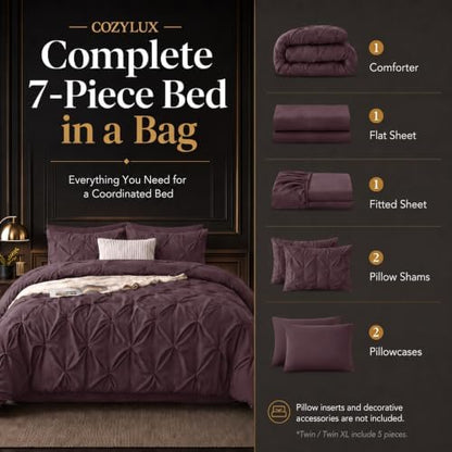 CozyLux Queen Comforter Set Cocoa Powder, 7 Pieces Pintuck Bed in a Bag