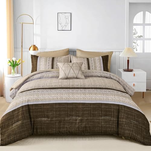 Dintszyayue Brown Comforter Set Cal King, 8 Pieces Boho Striped Bed in a Bag Soft Microfiber Bedding Set for All Season