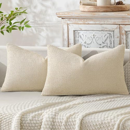 MIULEE Decorative Lumbar Throw Pillow Covers 12x20 in Neutral Cream 2 Pack