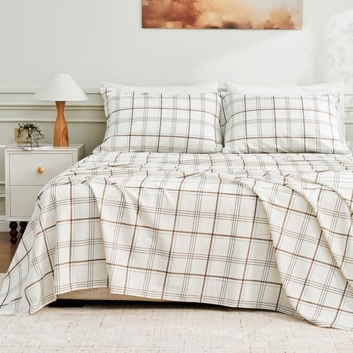 MEISHANG 100% French Pure Linen Sheets Queen Size - Bed Sheets 4 Piece Sets, Soft Durable Flax Linen, Anti-Tear Breathable Moisture Wicking with 16" Deep Pocket (Linen Plaid)