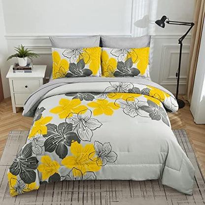 Yellow King Size Comforter Set, 7 Pieces Yellow Floral on Gray Bed in a Bag