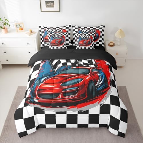 Erosebridal Racing 7 Piece Bedding Set Queen Size Race Car Competition Extreme Sports Bed in A Bag Red Automobile Comforter with Sheets Geometric Grid Cartoon Bed Sets