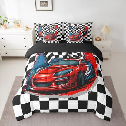 Erosebridal Racing 7 Piece Bedding Set Queen Size Race Car Competition Extreme Sports Bed in A Bag Red Automobile Comforter with Sheets Geometric Grid Cartoon Bed Sets