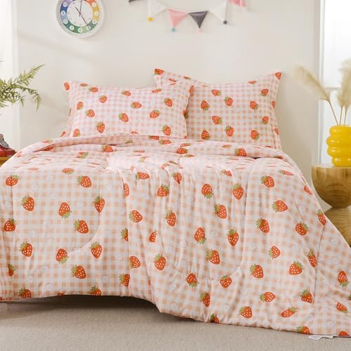 Yibeizi Strawberry Comforter Set Full Size Girls Gingham Bedding