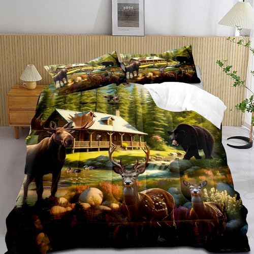 LUVIVIHOME 2PCS Rustic Bear Moose Deer Comforter Set Twin Size, Cabin Bedding, Green Forest Animals Mallard Duck Wildlife Hunting Hunter Country Lodge Rustic Farmhouse Bedroom Decor, 1 Pillow Sham