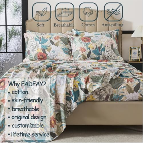 FADFAY Queen Sheet Set, 100% Cotton Sateen Soft Breathable, Luxury Vintage Floral Bed Sheets, Elegant Large Peony & Botanical Print, Classic Garden Style Bedding, Deep Pocket Fitted Sheet, 4 Pieces