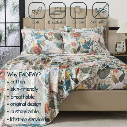 FADFAY Queen Sheet Set, 100% Cotton Sateen Soft Breathable, Luxury Vintage Floral Bed Sheets, Elegant Large Peony & Botanical Print, Classic Garden Style Bedding, Deep Pocket Fitted Sheet, 4 Pieces