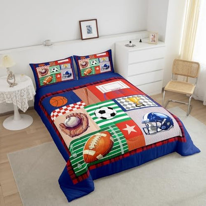 Football Basketball Baseball Comforter Set King Size Sports Ball Bedding Set Kids Boys Teens Geometric Patchwork Grid All Season Quilt Set Rugby Helmet Bedding Comforter Sets with 2 Pillowcases