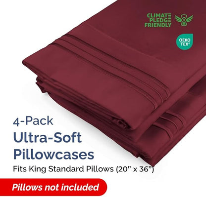 King Standard Pillow Cases Set of 4 - Soft Hotel Quality Pillowcase Covers - Comfy Bedding for Women, Men, Kids & Teens - Machine Washable Pillow Protectors - 4 Piece Set - King Standard Size Burgundy