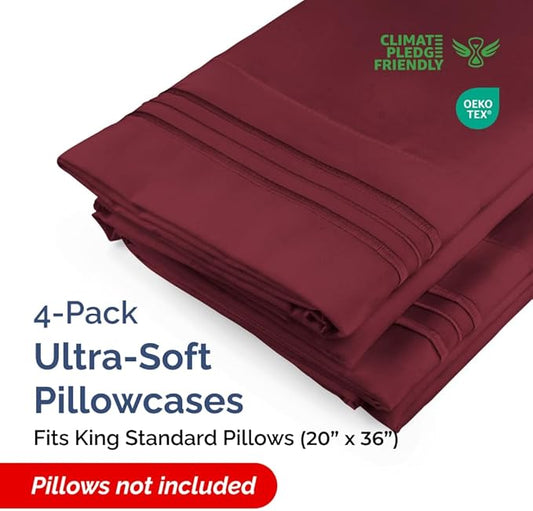 King Standard Pillow Cases Set of 4 - Soft Hotel Quality Pillowcase Covers - Comfy Bedding for Women, Men, Kids & Teens - Machine Washable Pillow Protectors - 4 Piece Set - King Standard Size Burgundy