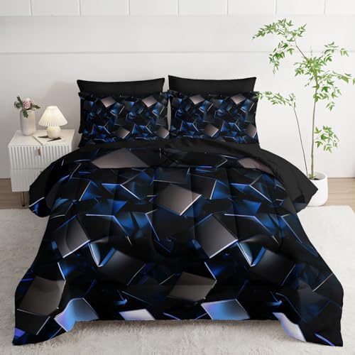 Nttopship Blue and Black Geometric Comforter Set Twin Size 7PCS,Abstract Triangular Printed Bedding Set for Adults,Geometric Mordern Art Decor All Seasons with Pillowcases,Flat, Fitted Sheet