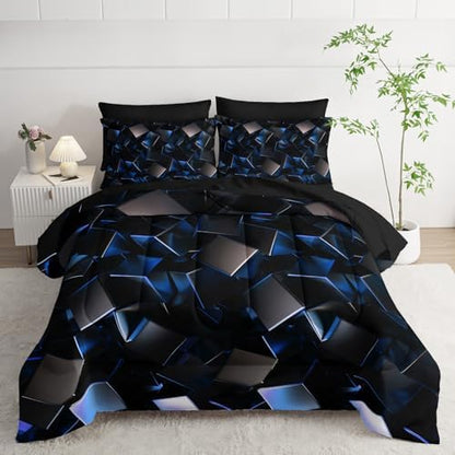 Nttopship Blue and Black Geometric Comforter Set Twin Size 7PCS,Abstract Triangular Printed Bedding Set for Adults,Geometric Mordern Art Decor All Seasons with Pillowcases,Flat, Fitted Sheet