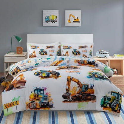 Holawakaka Trucks Excavator Boy Twin Bedding Comforter Set with Sheets