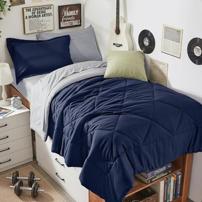 HEVUMYI 5-Piece Twin XL Comforter Set, Navy Blue & Grey Bed in a Bag
