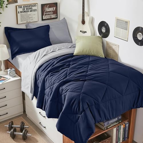 HEVUMYI 5-Piece Twin Comforter Set, Navy Blue & Grey Bed in a Bag