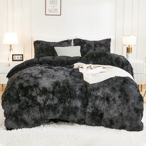 Andency Tie-Dyed Black Grey Comforter Full Size Set, Fluffy Bedding Set