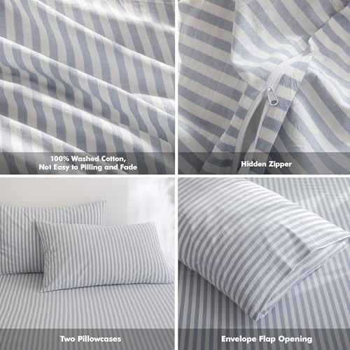FOSSA Striped Duvet Cover Set 100% Washed Cotton Linen Feel Twin