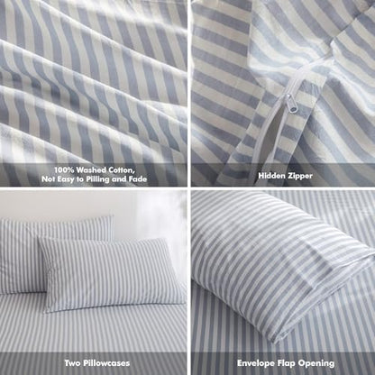 FOSSA Striped Duvet Cover Set 100% Washed Cotton Linen Feel Super Queen