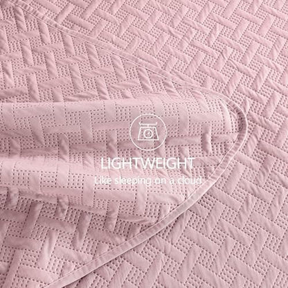 FLYMME Pink Twin Quilt Bedding Set Thin Lightweight Bedspreads,Modern Style Geometric Weave Stripe Pattern,Soft Microfiber Bed Coverlet for All Season (1 Quilt, 1Sham)