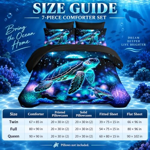 AILONEN Blue Turtle Comforter Set Twin Size,7-Piece Soft Bed in a Bag,Fairy Ocean Sea Turtle Comforter & Fitted Sheet with Flat Sheet & 2 Pillowcases,2 Pillow Shams for Bedroom