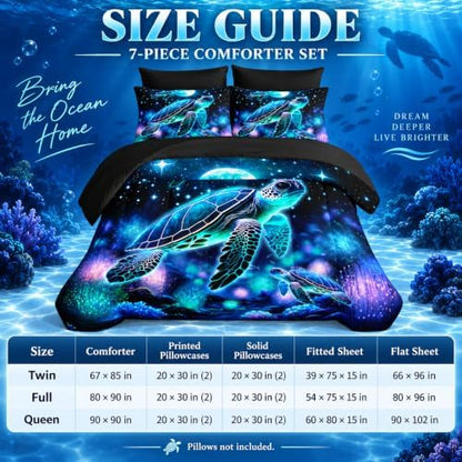 AILONEN Blue Turtle Comforter Set Twin Size,7-Piece Soft Bed in a Bag,Fairy Ocean Sea Turtle Comforter & Fitted Sheet with Flat Sheet & 2 Pillowcases,2 Pillow Shams for Bedroom