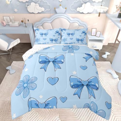 jejeloiu Bowknot Kids Comforter Set Toddler Size Bow Bedding Set Blue Duvet Quilt for Kids Boys Girls Bedroom Cute Bow-tie Decor Microfiber Ultra Soft Breathable