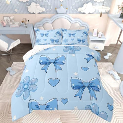 jejeloiu Bowknot Kids Comforter Set Toddler Size Bow Bedding Set Blue Duvet Quilt for Kids Boys Girls Bedroom Cute Bow-tie Decor Microfiber Ultra Soft Breathable