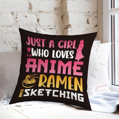 Anime Decor, Just a Girl Who Loves Anime Ramen Anime Room Decorative Throw Pillow Covers, Girls Anime Gifts Anime Lovers for Home Living Room Girl Women Bedroom Decoration Gifts Black