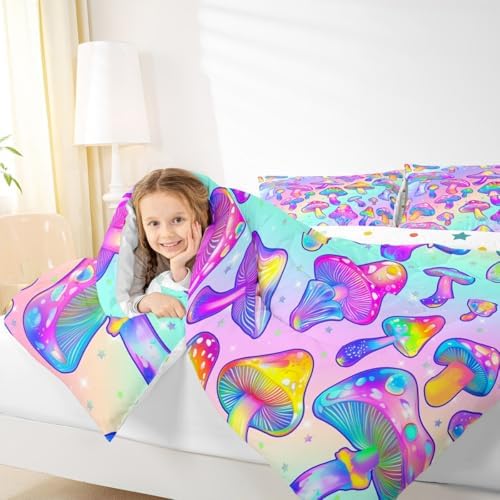 Mushroom Comforter Set Colorful Hippie Style Mushroom Bedding for Boys Girls Blue Purple Gradient Bedding Comforter Sets Exotic Botanical Plants Fungi Decor Duvet Insert Halloween Themed Quilt Full