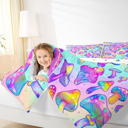 Mushroom Comforter Set Colorful Hippie Style Mushroom Bedding for Boys Girls Blue Purple Gradient Bedding Comforter Sets Exotic Botanical Plants Fungi Decor Duvet Insert Halloween Themed Quilt Twin
