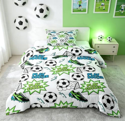 Soccer Ball Bedding Sets Twin Size,Cleats Lightning Print Comforter Set 2Pcs for Kids Girls Boys Teens Room Decor,Play Soccer Bubble Quilted Duvet Ball Sports Gaming Down Comforter,1 Pillowcase