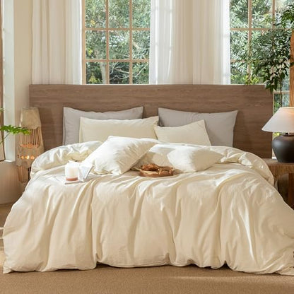 MooMee Wavy Striped Duvet Cover Set 100% Washed Cotton Linen Like Textured Breathable Durable Soft Comfy (Cream White, Queen 90"x90")