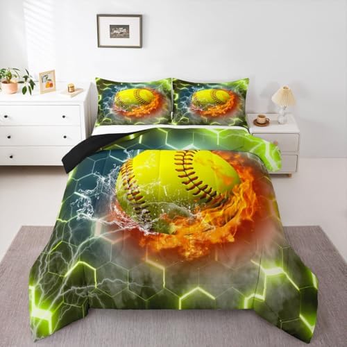 Erosebridal Softball Bedding Set Softball Gifts for Girls, Neon Honeycomb Comforter Set Queen Size, Geometric Hexagon Gradient Quilt Sports Games Ice and Fire Duvet Insert for Boys Teens, Yellow