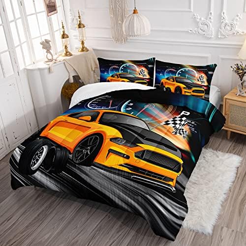 Axolotl Race Car Bedding - Full Size Boys Extreme Sports Comforter Set with 2 Pillowcases - Yellow Cool Car Quilt Set