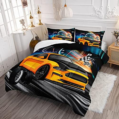 Axolotl Race Car Bedding - Full Size Boys Extreme Sports Comforter Set with 2 Pillowcases - Yellow Cool Car Quilt Set