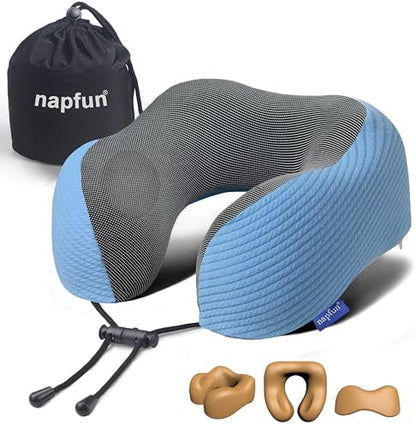 napfun Neck Pillow for Travel, Memory Foam Airplane Pillow, Sky Blue