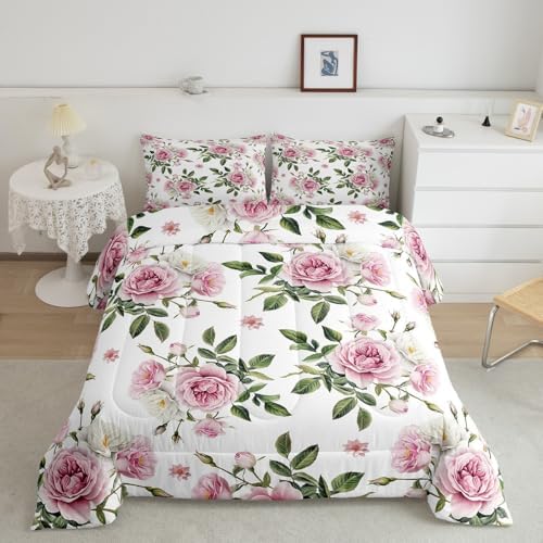 jejeloiu Pink Rose Comforter Set Toddler Size Kids Vintage Floral Flower Bedding Set Boys Girls Botanical Green Leaves Duvet Breathable Blossom Plant Quilt Bedroom Decor,1 Comforter with 1 Pillowcase
