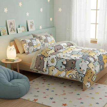QOOMO Kawaii Cats 7 Pieces Comforter Set Queen Size,Cute Cats Bedding Set