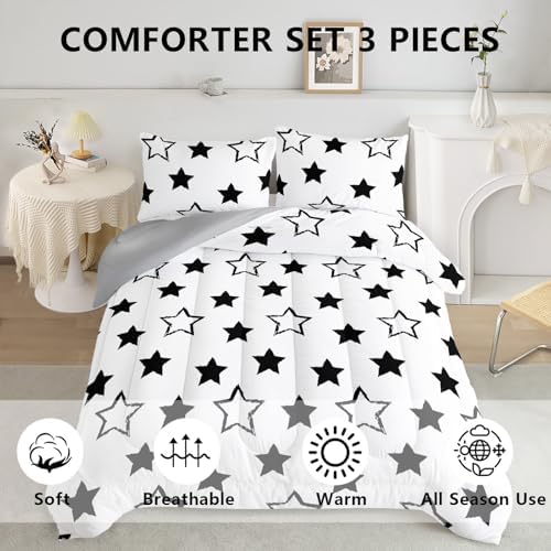Axolotl Kids King Bedding Comforter Set,3Pcs Cute Black and White Stars Quilt Set for Kids,Geometric Stars Bedding with 1 Comforter 2 Pillowcases for Boys Girls Teens Adults Room Decor All Season