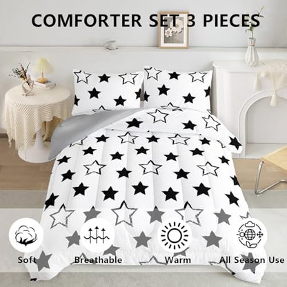 Axolotl Kids King Bedding Comforter Set,3Pcs Cute Black and White Stars Quilt Set for Kids,Geometric Stars Bedding with 1 Comforter 2 Pillowcases for Boys Girls Teens Adults Room Decor All Season