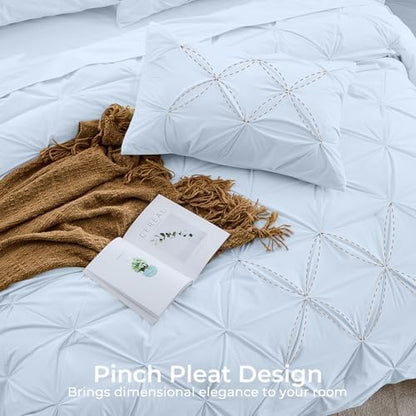 Sasttie Oversized Queen Comforter Set, 7-Piece Bed in a Bag, Pintuck Bedding Sets for All Season, Includes Comforter, Flat Sheet, Fitted Sheet, Pillowcases and Pillowshams, Light Blue