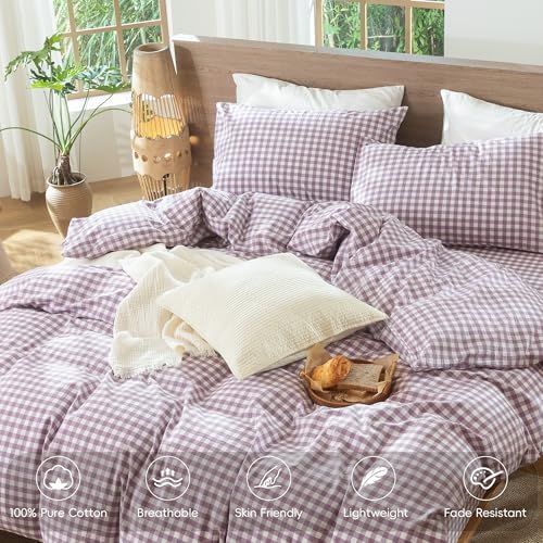 MooMee Gingham Duvet Cover Set 100% Washed Cotton Linen Like